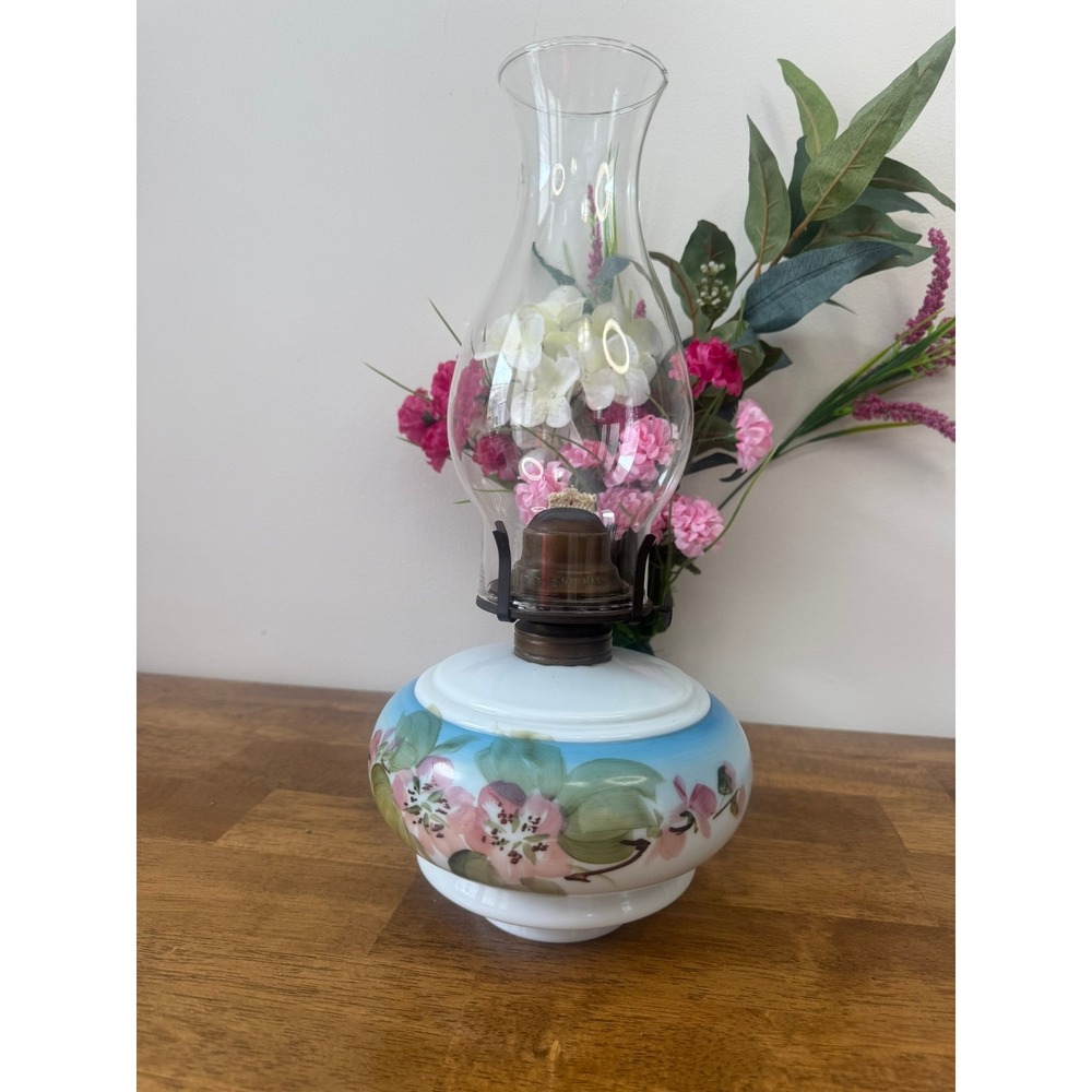 Antique Uranium‎ Glass Oil Lamp Hand Painted Floral Milk Glass UV Glow Victorian